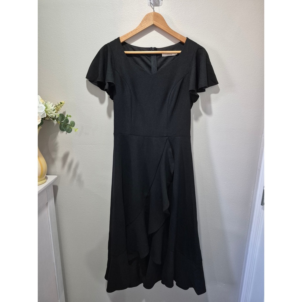 Homrain Black Flutter Sleeve Ruffle High Low‎ Midi Dress V-Neck Size M